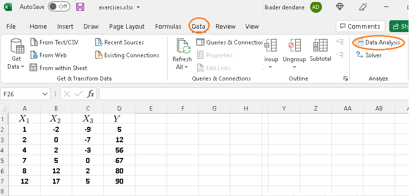 Press Data Tab and Click on Data Analysis 